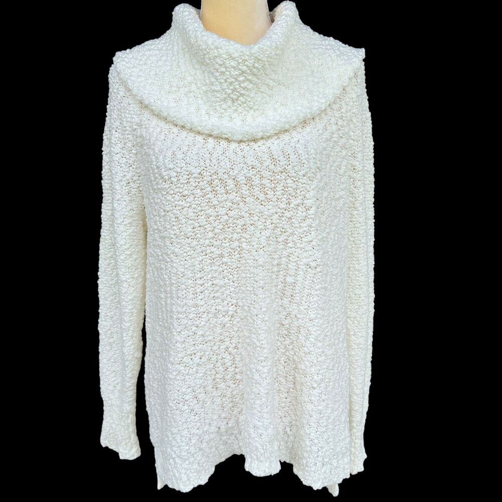 Liz Claiborne Women's Cowl Neck Tunic Sweater Textured Knit Long Sleeve Cream L